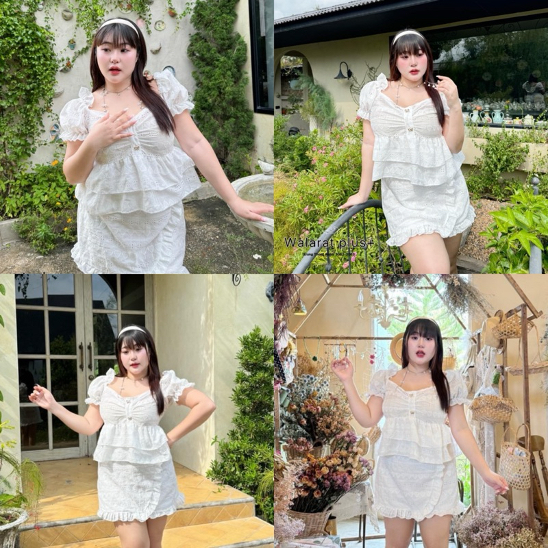 PLUS-SIZE ชุดเซต 2ชิ้น ผ้าฉลุ ทั้งตัว มีซับใน กระดุมน้องโบ (size36-52)เสื้อชายระบายกระโปรงมีซิบ