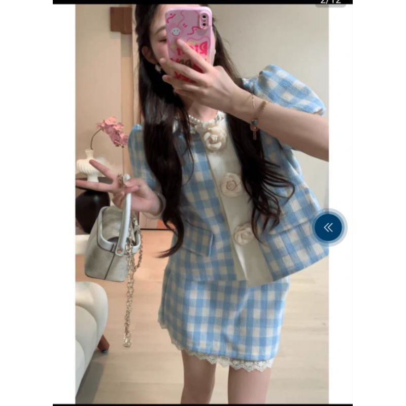 ชุดเซ็ททวีตงานไฮเอนด์ลายตราง เสื้อทวีต+กระโปรงทวีต