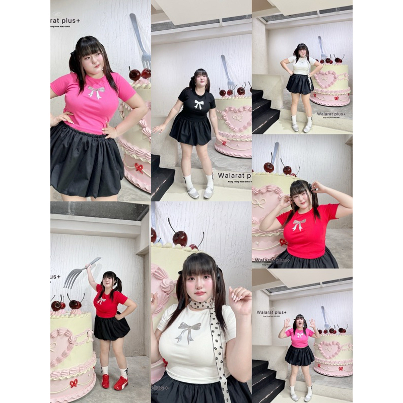 สินค่าส่งจากกทม เสื้อครอป ปั้มนูน ลายโบว์ Plussize