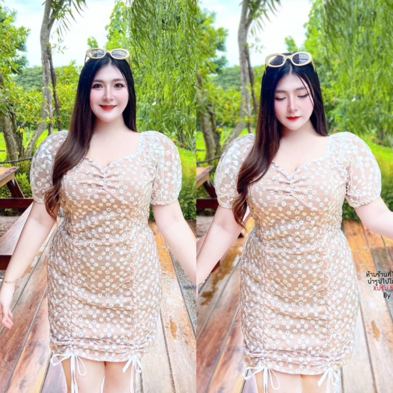 สาวอวบ เดรสสาวอวบ เดรสลูกไม้ปัก รูดหน้า ลายดอกไม้ มีซับใน งานแต่ง งานบวช อก 38 40 42 44 46 47