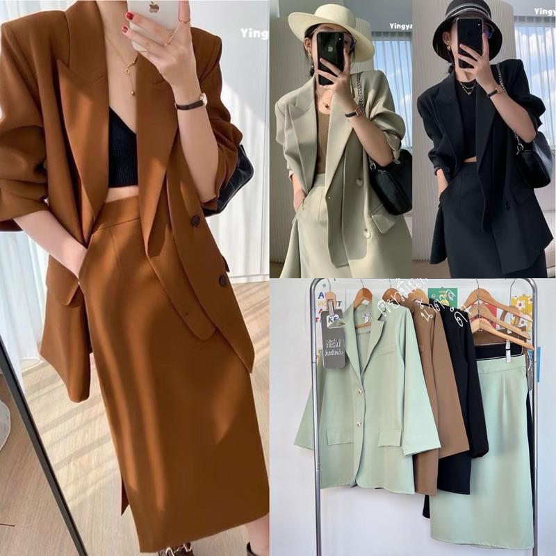 /YY/ชุดเซ็ตสาวอวบ เบลเซอร์สูท+กระโปรงผ่า #เสื้อผ้าไซส์ใหญ่ สาว อ้วน พลัสไซส์