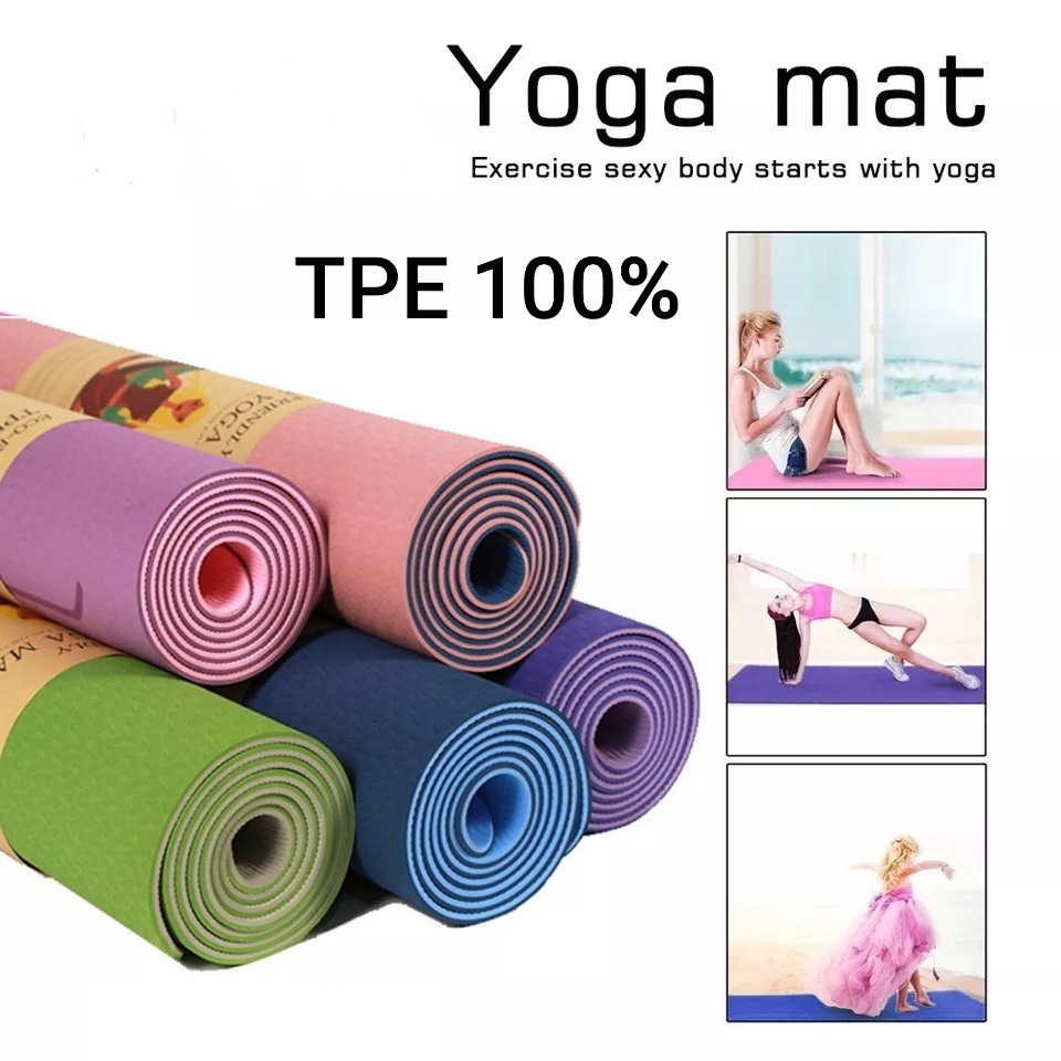 เสื่อโยคะ yoga mat TPE ทูโทน แผ่นรองออกกําลังกาย ฟิตเนส กันน้ำกันลื่น หนา 6 mm (ฟรีถุงพร้อมเชือก)