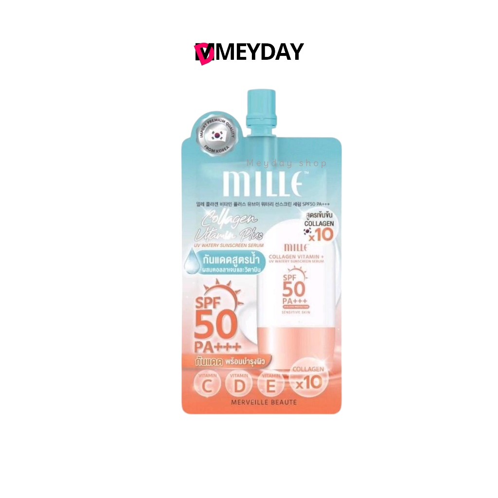 MILLE เซรั่มกันแดดวิตามิน Collagen Watery Sunscreen SPF50 PA +++ 6 g. (กันแดดใหม่ซองฟ้า)