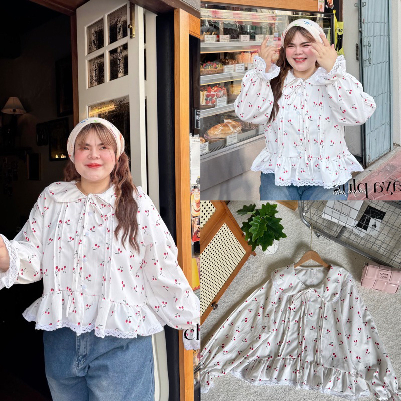 เสื้อแขนยาวคอบัวลายเชอร์รี่ สาวอวบอก40-52นิ้ว แต่งลูกไม้รอบตัว งานน่ารักมากก ผ้าเนื้อดี​ แมทช์ง่ายสุดๆ