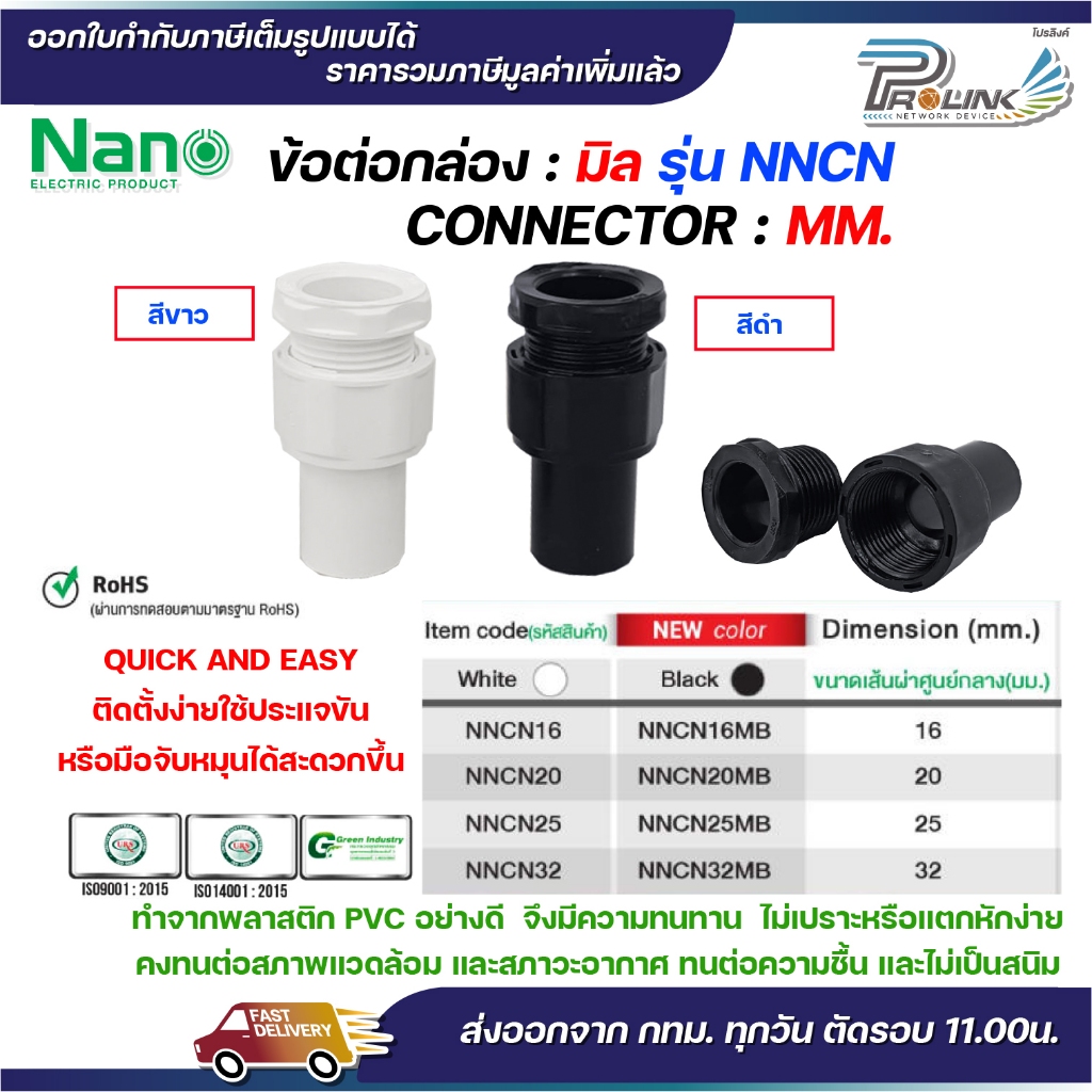 (มิล) NANO NNCN ข้อต่อเข้ากล่อง แบบมิล (MM.) คอนเน็คเตอร์เข้ากล่อง ขนาด 16 มิล, 20 มิล, 25 มิล, 32 มิล