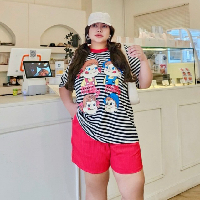 ชุดเซ็ตเสื้อยืดลายริ้ว MLK สกรีนน่ารักๆ+กางเกงขาสั้นสีแดง 40"-60"