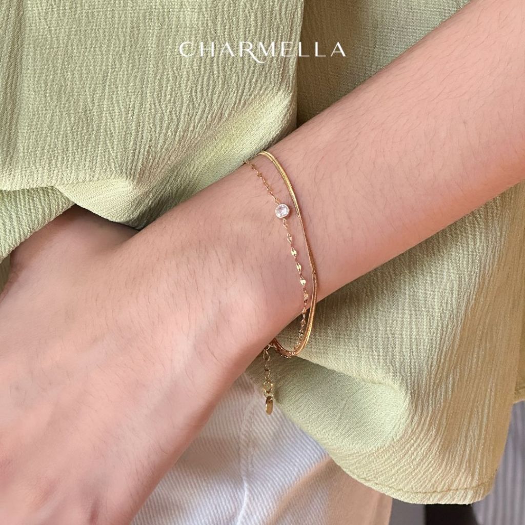 Charmella สร้อยข้อมือสแตนเลส ดีไซน์โซ่คู่ จี้เพชรเม็ดเล็ก สไตล์มินิมอล - Élise Dot