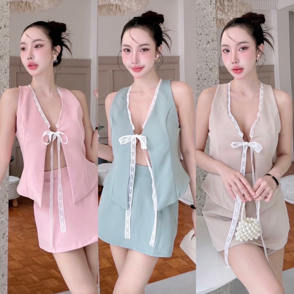 D042 -เซ็ตเสื้อผูกอกลูกไม้ แมทกระโปรงกางเกง