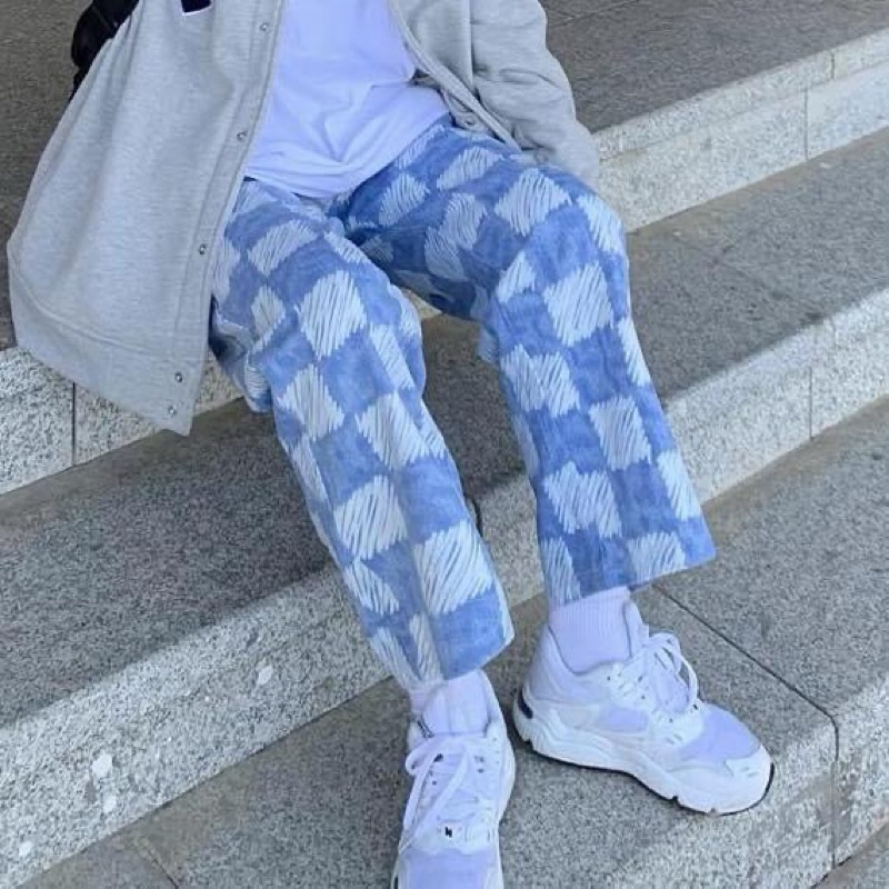 SALE 200฿ กางเกงยีนส์ขายาวเอวสูงทรงกระบอกCheckerboard Wide Leg Denim Jeans เข้าใหม่ ลายตารางใหญ่ สีฟ้า/ขาว