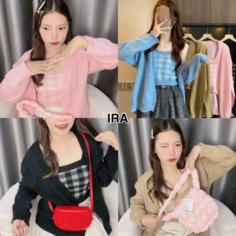 BY IRA คาร์ดิแกนพร้อมท็อปลายตารางด้านใน สวยหรูมากไม่ซ้ำใครแน่นอน ได้2ชิ้นนะจ้ะ