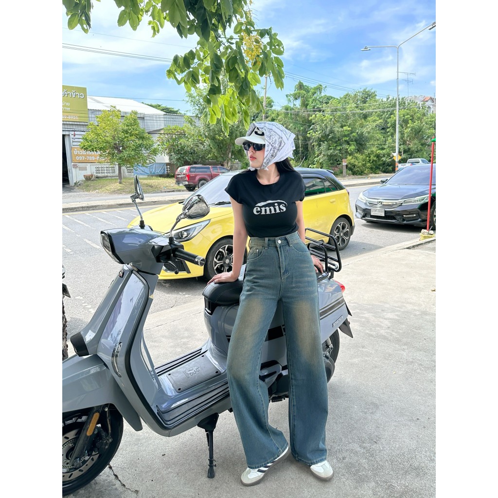 V52 กางเกงยีนส์กระบอกลิซ่า สีสนิมวินเทจ ผ้ายีนส์ ไม่ยืด