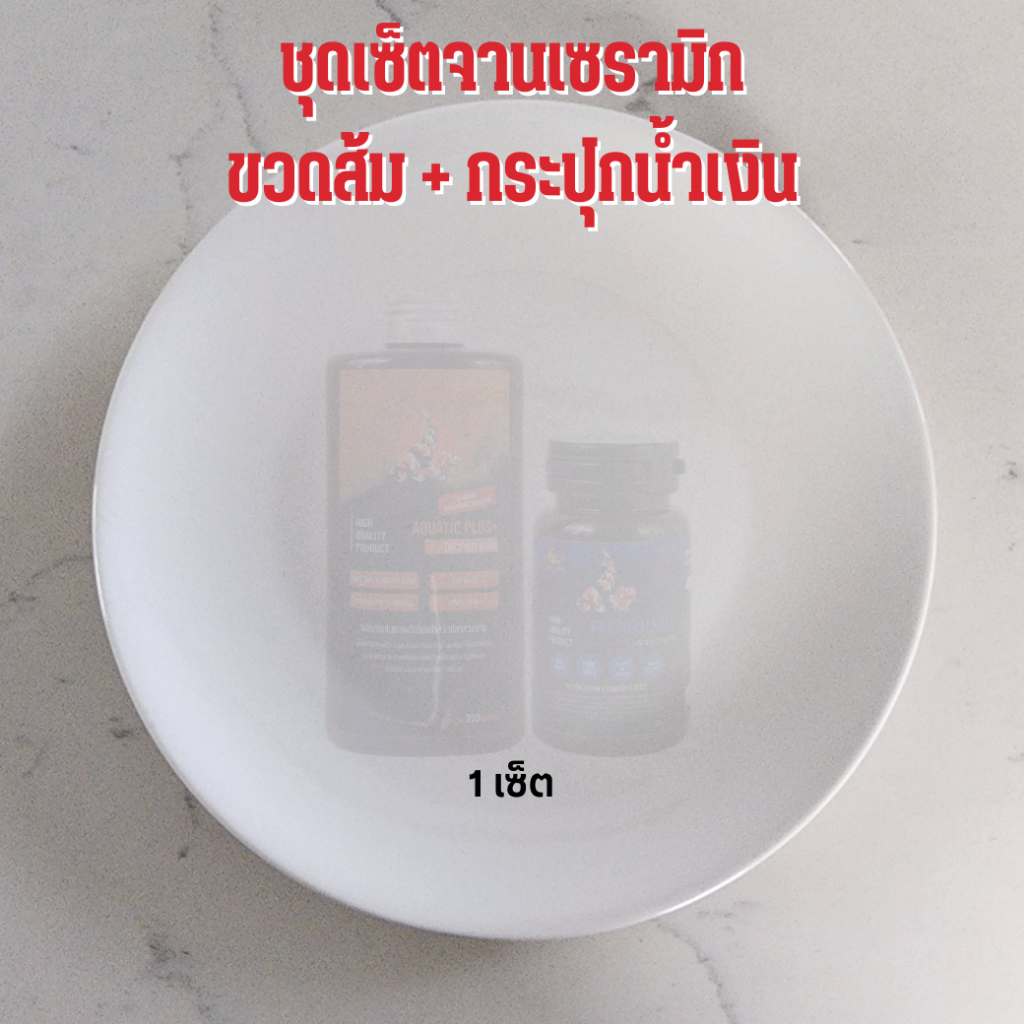 ชุดเซ็ตจาน + ชามเซรามิก ใหญ่ ลาย ขวดส้ม + กระปุกน้ำเงินเล็ก