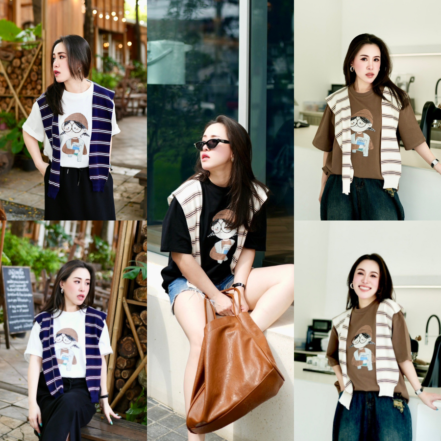 Lynlalin เสื้อยืดคอตตอน+ผ้าพันคอไหมพรมเกาหลี แมทช์ใส่เก๋ ๆ ได้หลายแบบ นำแฟชั่นไปอีกสเต็ป รุ่น ลีโว