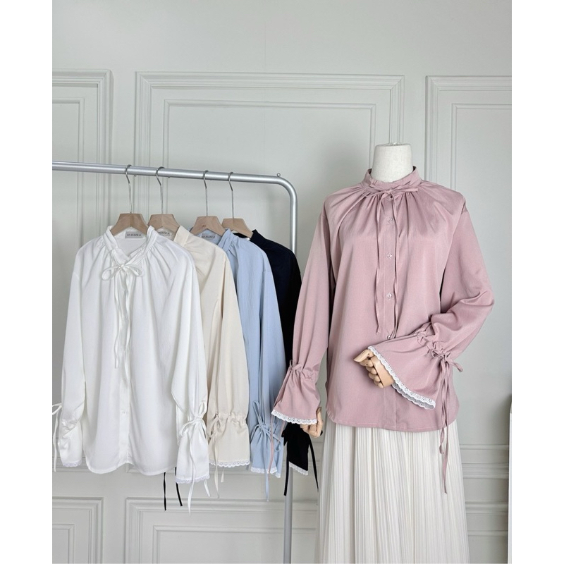 8816 Diana shirt แขนลูกไม้ แต่งโบว์น่ารัก 5 สี (พร้อมส่ง)