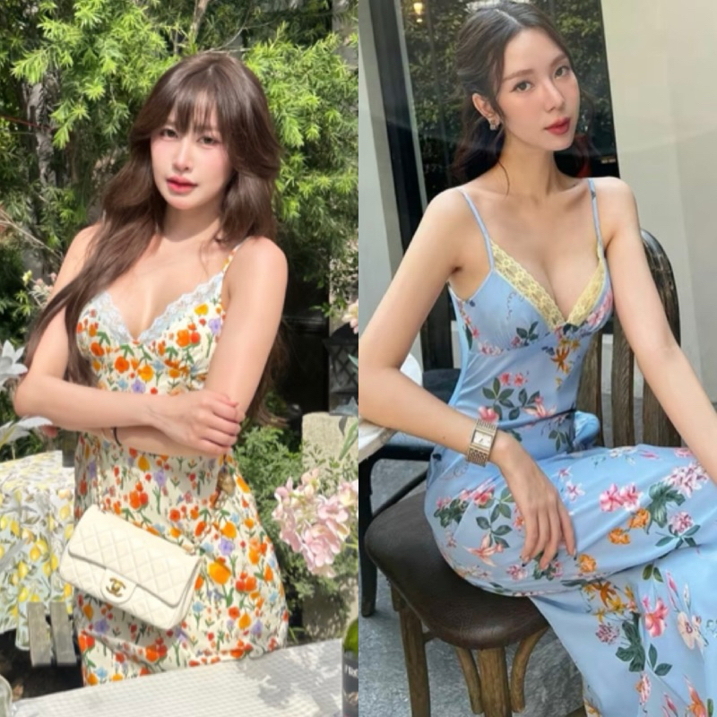 พร้อมส่ง Maxi dress เดรสสายเดี่ยวโชว์หลังพิมพ์ลายดอกไม้เซเลป งานเเต่งระบายลูกไม้สวยลูกคุณหนูสุดๆ
