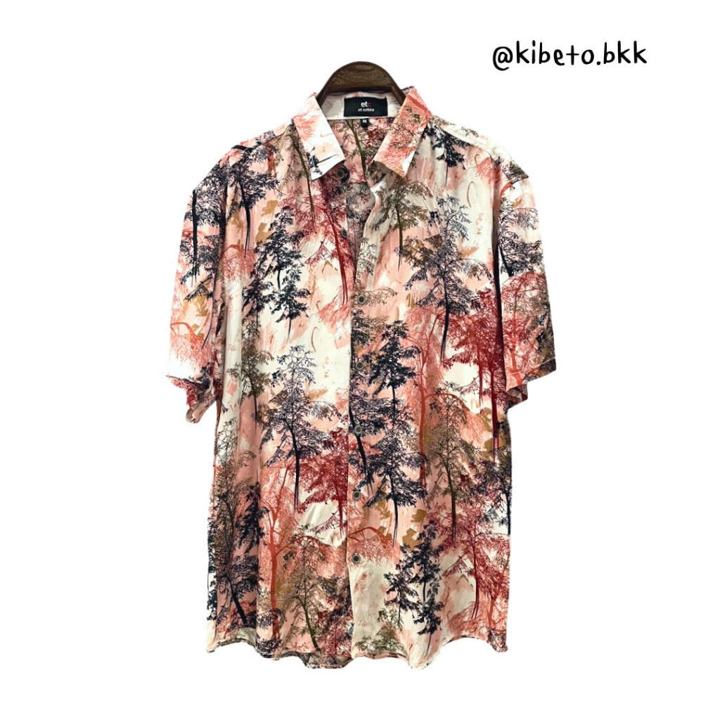 kibeto เสื้อฮาวาย ลายป่าสีแดง เนื้อนิ่ม ใส่สบาย