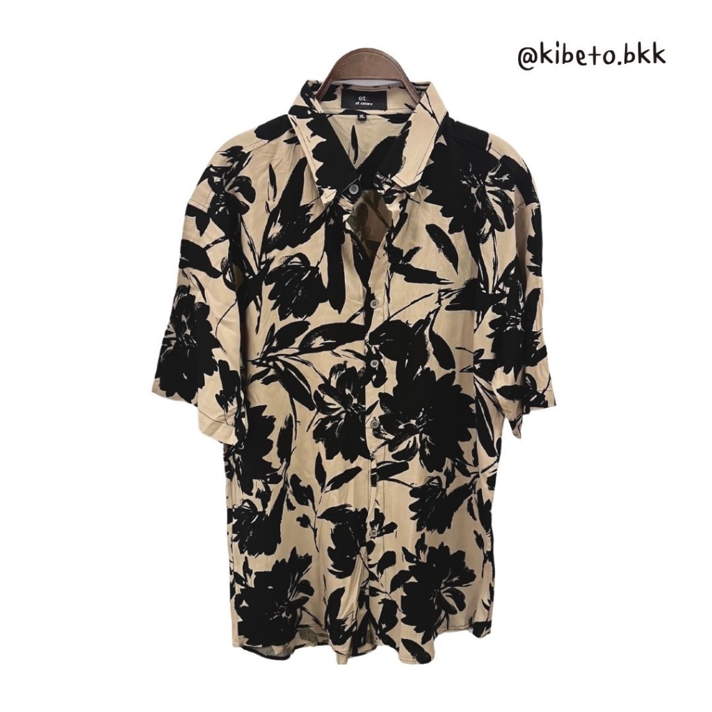 Kibeto เสื้อฮาวาย ลายดอกใหญ่ สีกากีดำ ผ้าสปันเรยอน เนื้อนิ่ม ใส่สบาย M L XL 2XL 3XL
