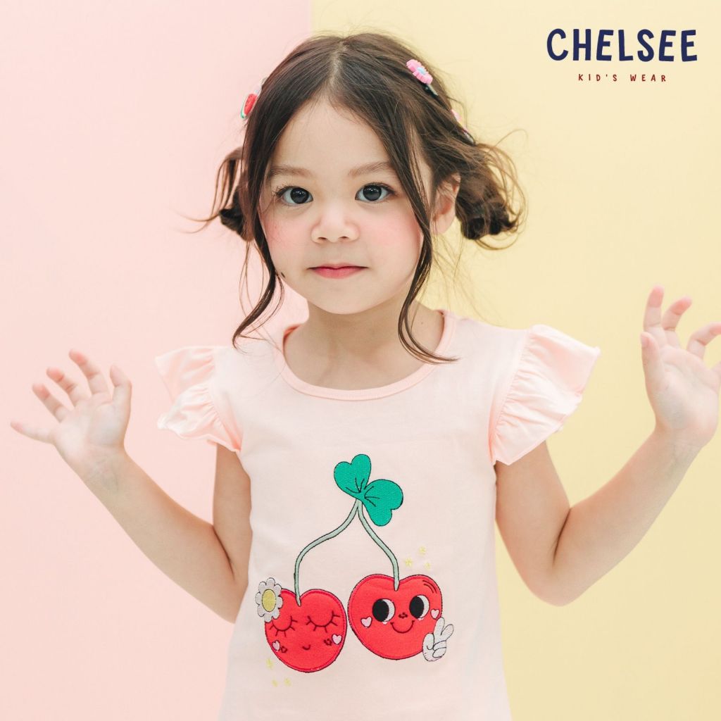 Chelsee تيشيرت بنات قطن بنقش كرز وأكمام مكشكشة — صورة 3