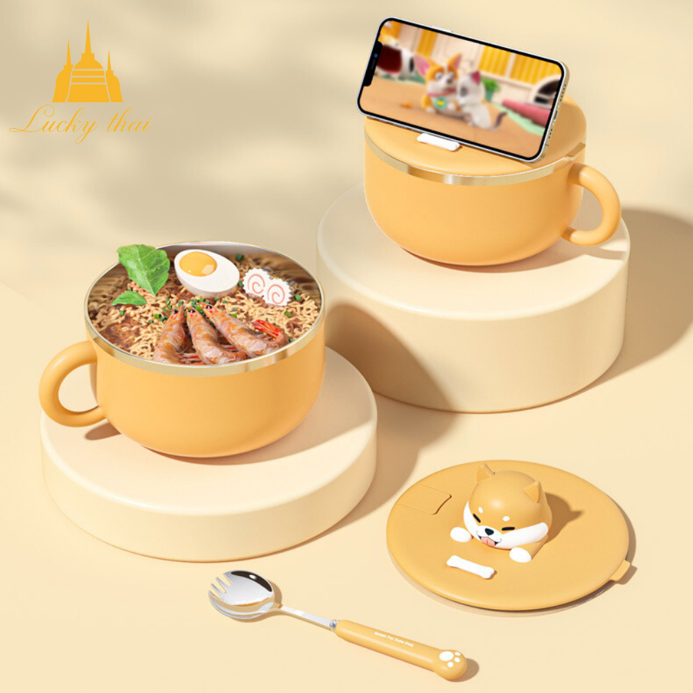 luckythai ถ้วยใส่มาม่า ชามสแตนเลส พร้อมหูจับ+ฝาปิด1200ml กันความร้อน ชามใส่มาม่า