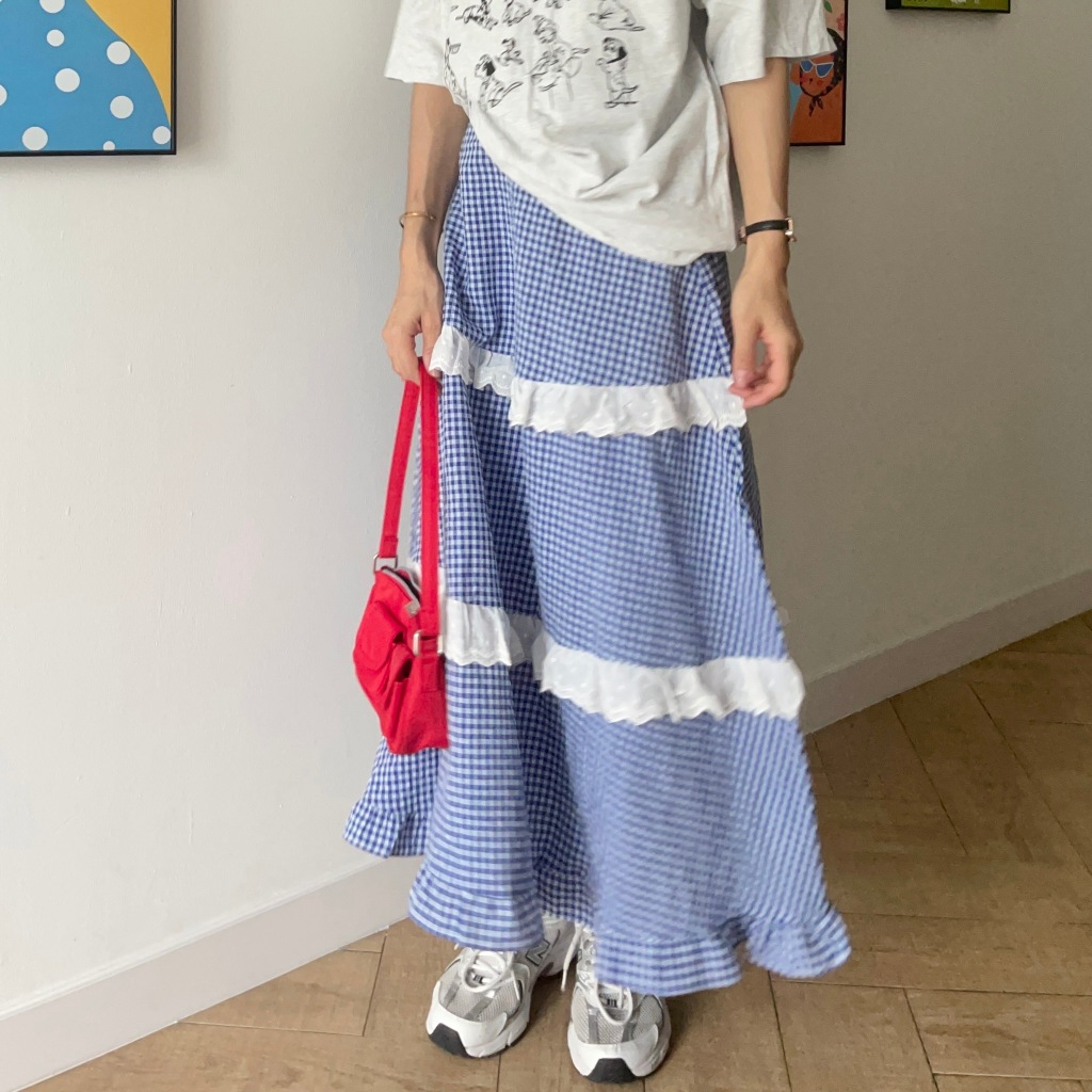 CHAWY Blue muffin skirt C4376 กระโปรงยาวระบาย กระโปรงมินิมอล