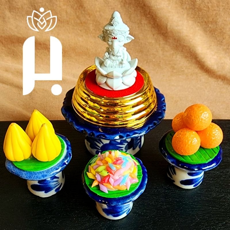 พานดินปั้นขนมลาดู ขนมโมทะกะ เชตไหว้พระพิฆเนศ  ขนาด 1 นิ้ว