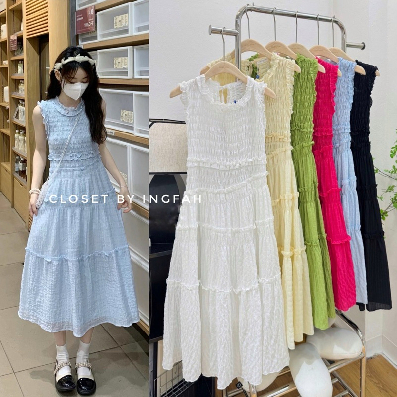 dress ชุดเดรสแขนกุด สมอค แต่งดีเทลระบาย ผ้ายับ