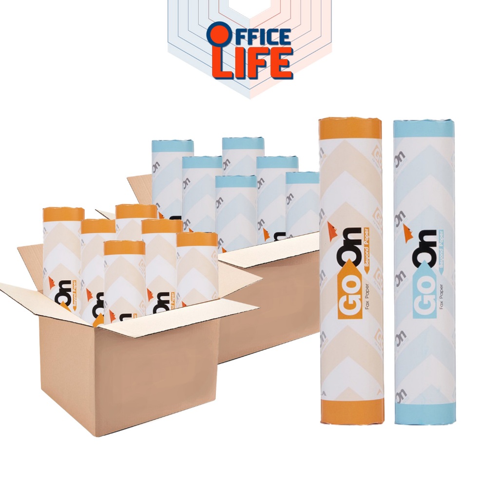 Go On (โกออน) กระดาษแฟกซ์ กระดาษ Fax ทนความร้อน รุ่น 210 / 216 ยาว 30 หลา แกน 1 ซม. ห่อฟ้า ห่อส้ม ( 24 แถว / ยกกล่อง )