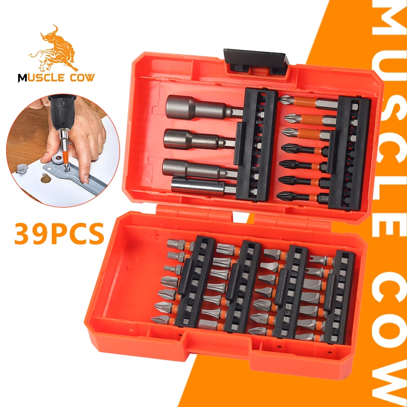 MUSCLE COW ชุดดอกไขควงและสว่านกระแทก 39 ชิ้น สำหรับไขควงและเจาะไม้ โลหะ ซีเมนต์ มาพร้อมกล่องเก็บ (HEX CROSS Star)