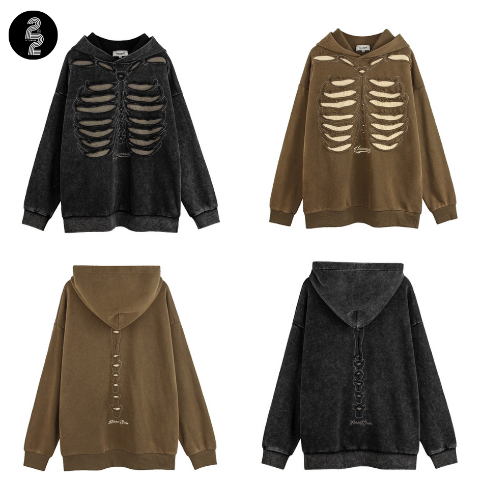 KR1434 "Dark Skeleton Hoodie" เสื้อกันหนาวมีฮู้ดทรงสวยงานพรีเมียม
