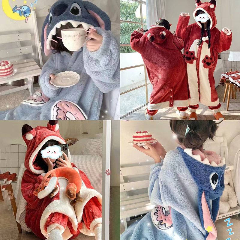 พร้อมส่ง🥰fox ชุด stitch น่ารัก ชุดนอนอุ่นๆ ใส่และถอดง่าย แบบชิ้นเดียว ผ้าสักหลาด เสื้อผ้าผู้หญิง การ์ตูนหนา ชุด
