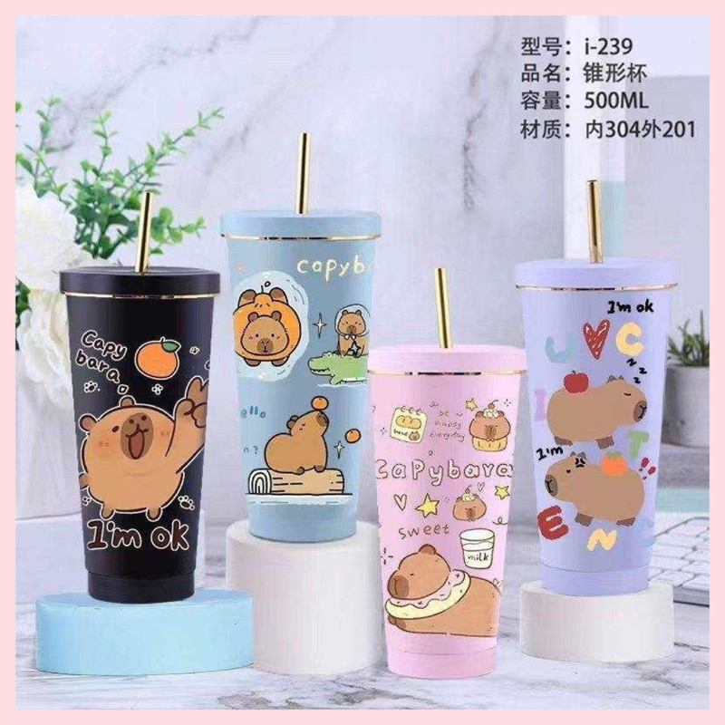 แก้วเก็บความเย็น ลายชินจัง Crayon Shinchan / คาปิบาร่า Capybara ความจุ 500ml ลายสวย คมชัด แถมฟรี! หลอดดูดน้ำอะลูมิเนียม