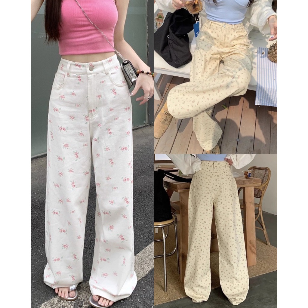 Size XS-5XL มี2สีให้เลือก กางเกงยีนส์ขายาวเอวสูงทรงกระบอก ผ้าไม่ยึด แต่งสกรีนลายดอกไม้ทั้งตัว งานสวยใส่สบาย