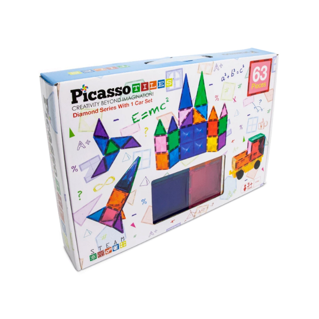 PicassoTiles Magnetic Tiles with Vehicle Base 63 Pc Building Block Set