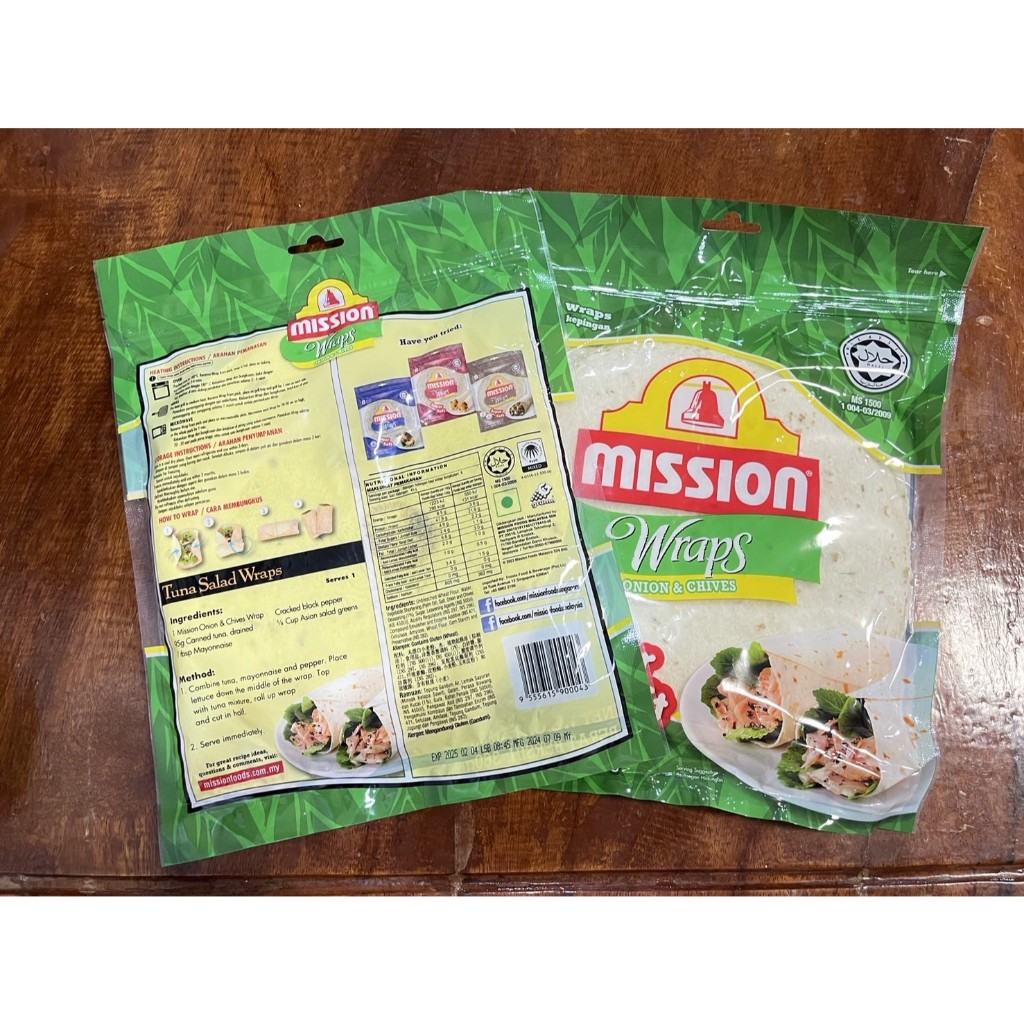 แผ่นแป้งตอติญ่า mission wraps garlic 360g รส หัวหอมใหญ่ และ กุ้ยช่าย (ห่อสีเขียว)