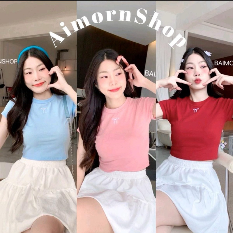 aimorn_shop เสื้อครอป แขนสั้น งานปักโบว์ สไตส์เกาหลี งานฮิตสุดดด