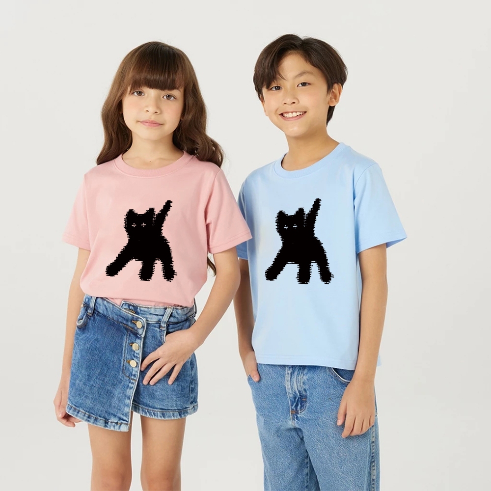 Yout-children แขนสั้น cat ลายการ์ตูนน่ารักหลวม เสื้อยืด สบาย ๆ ผ้าฝ้าย หลวม รุ่นเกาหลี ด้านบน unisex