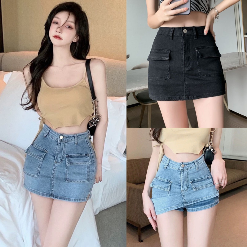 กระโปรงยีนส์สั้นเอวสูงผ้ายืดสำหรับสาวอวบ SIZE S-10XL มีกางเกงซับด้านใน