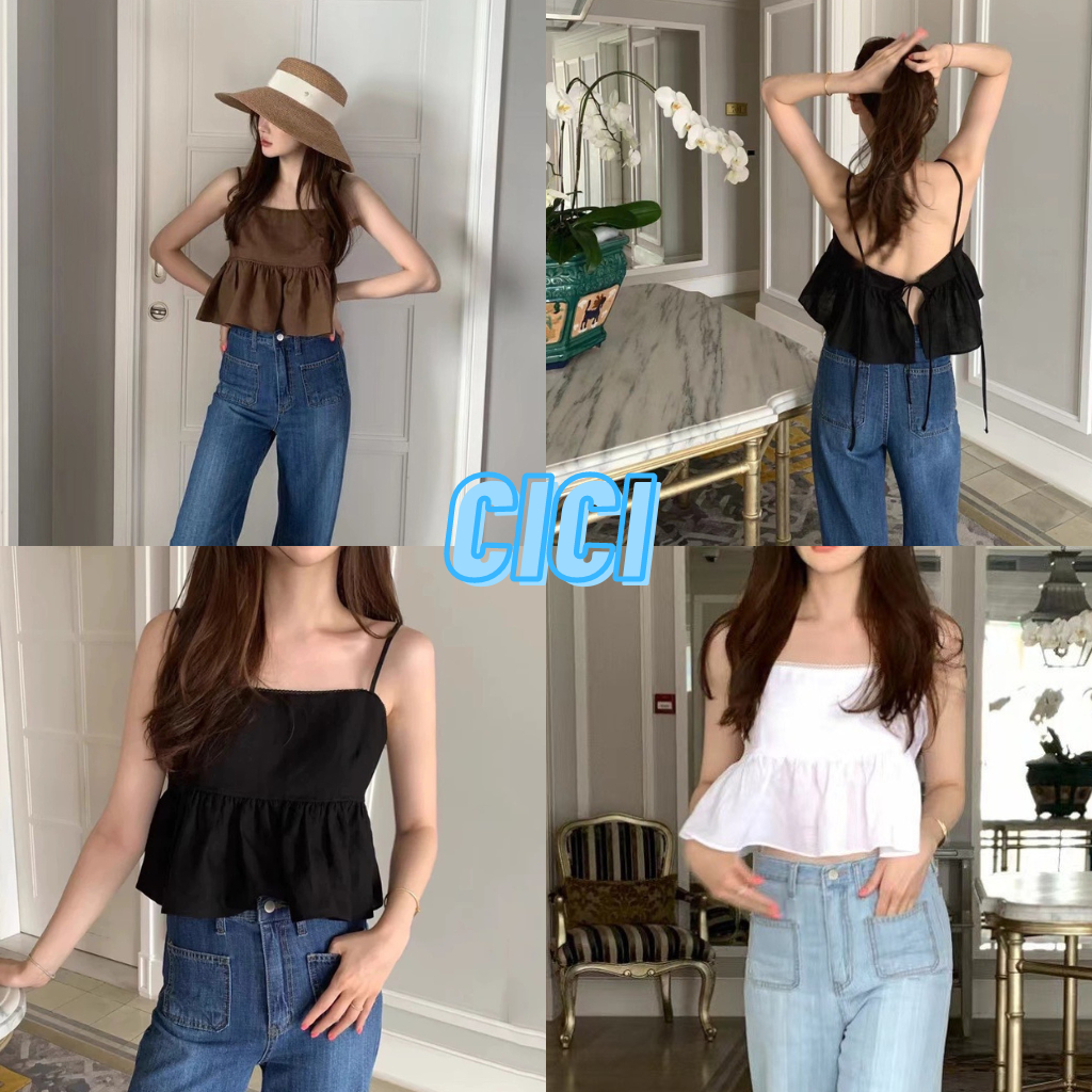 Cici(NO.3329) เสื้อสายเดี่ยว detail แต่งชายด้านหน้าพร้อม ผูกด้านหลัง ลูกเล่นในตัวสไตล์สาวญี่ปุ่น