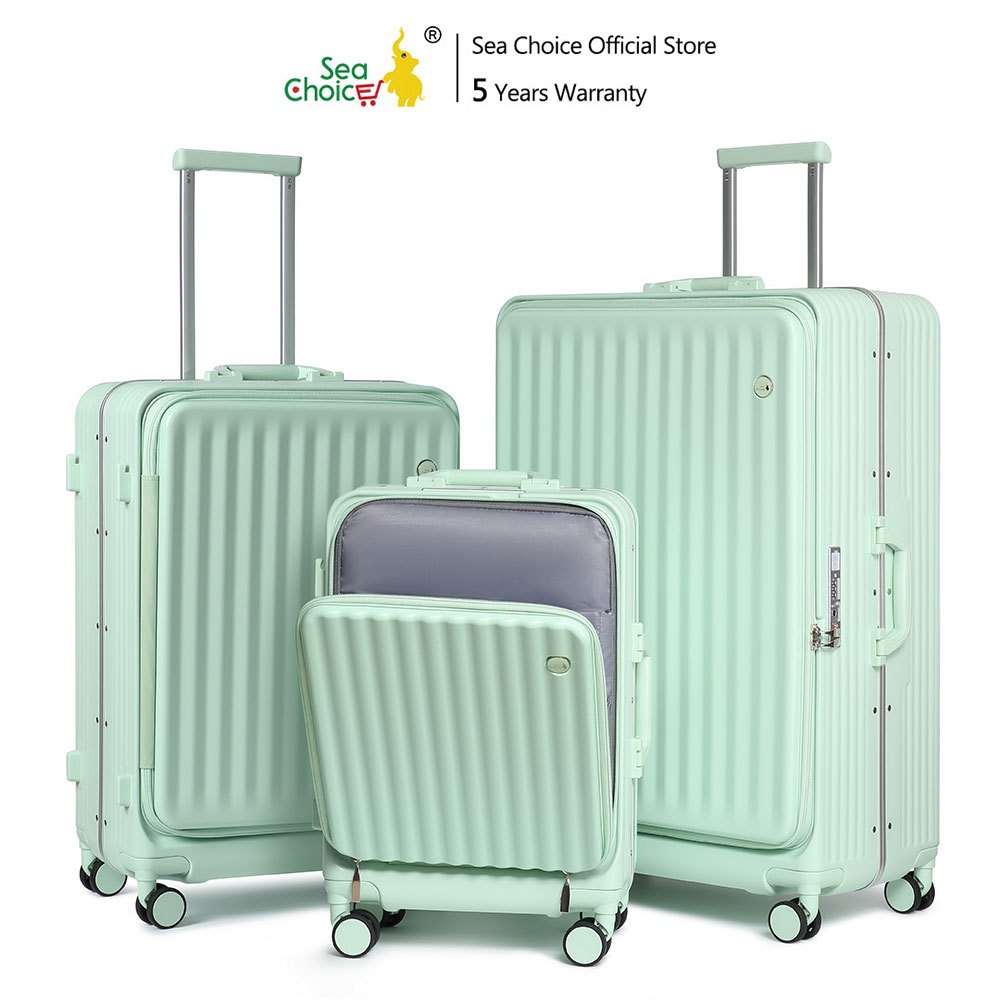 SeaChoice กระเป๋าเดินทางเปิดหน้าขนาด 20/24/28 นิ้ว  กระเป๋าพร้อมที่วางแก้วและพอร์ต USB โครงอะลูมิเนียม วัสดุ PC ล็อกTSA