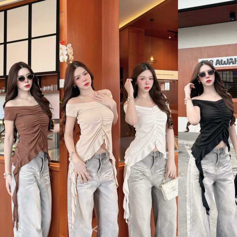 เสื้อทรงเปิดไหล่ปิดแขนระบายแมงกระพรุน
