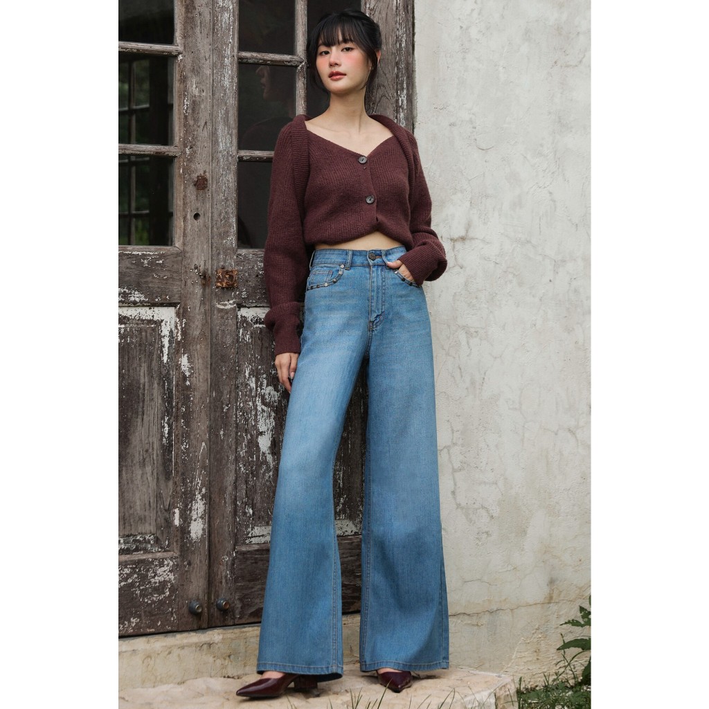 TBY Jeans กางเกงยีนส์ผู้หญิง ขากระบอกใหญ่ ปากกระเป๋าหน้าติดหมุด (T3184)