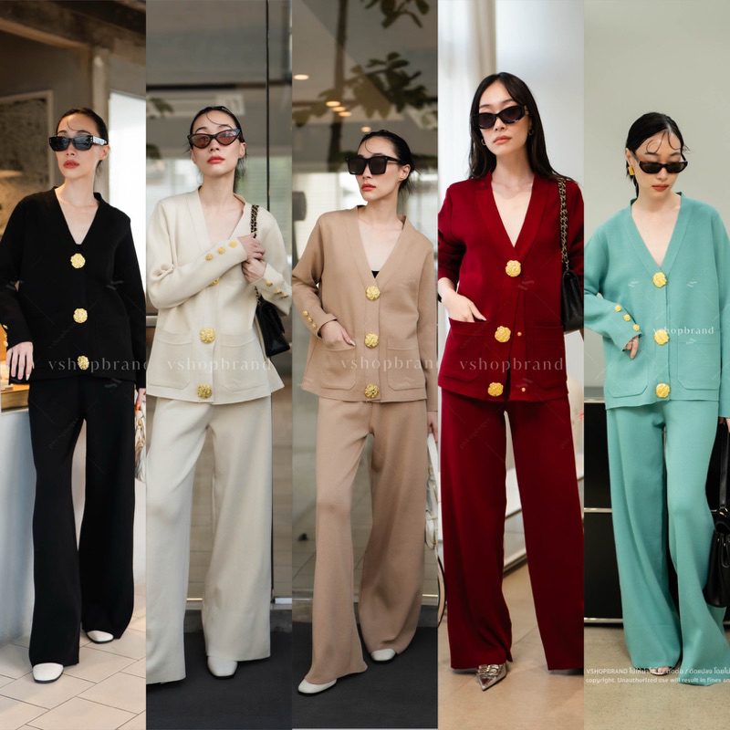 พร้อมส่ง Code : 3559-2 Set เสื้อคาดิแกนกระเป๋าหน้า กระดุมทองใหญ่+กางเกงขายาว ชุดใส่หน้าหนาว งานป้าย Vshop