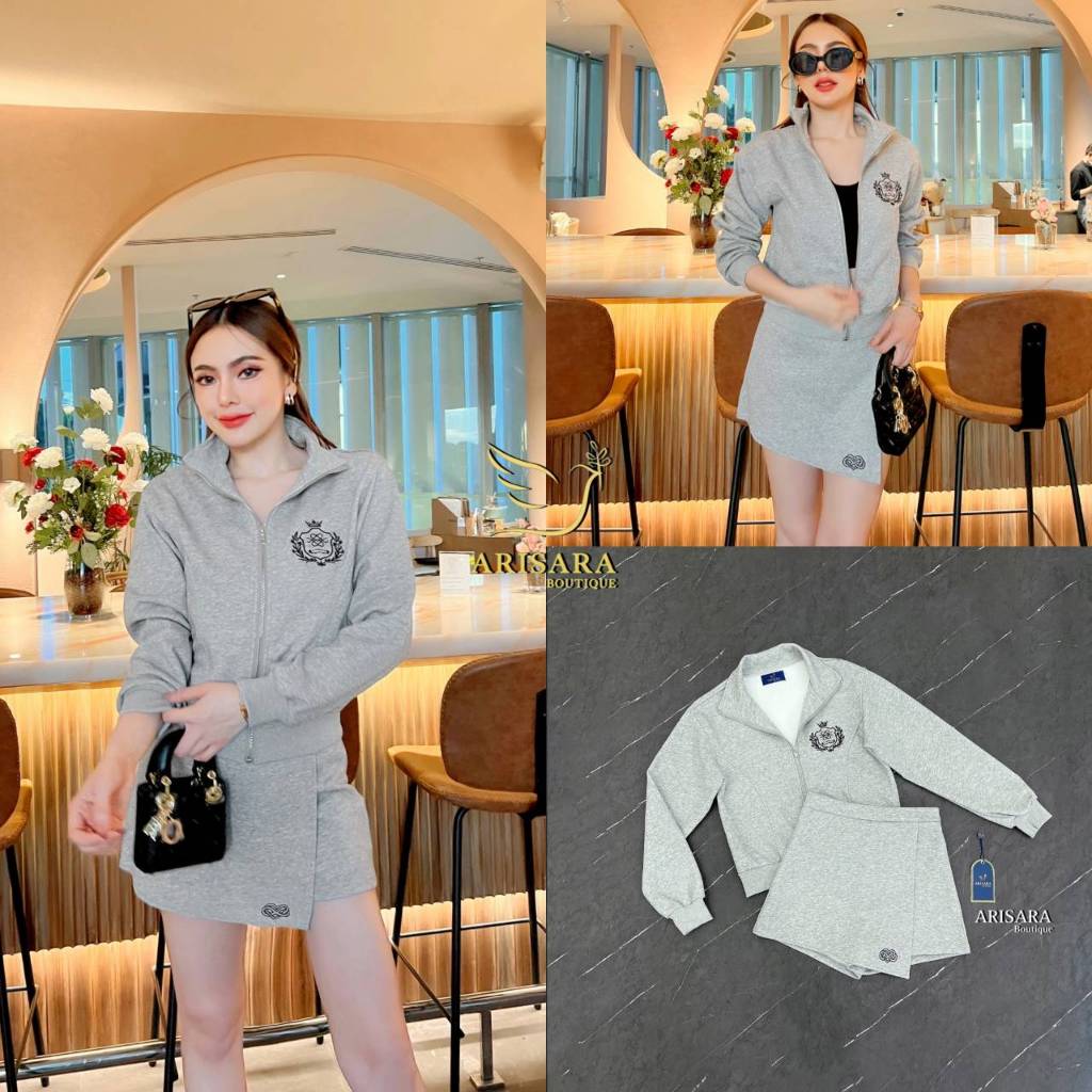 ARISARA SETเสื้อแขนยาว มีซิปด้านหน้า+กระโปรงกางเกง