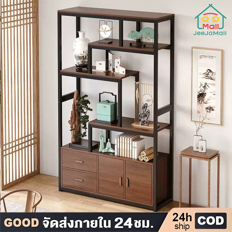 JJM ตู้โชว์  ชั้นวางของ ชั้นไม้วางของอเนกประสงค์โครงเหล็ก รองรับท่อเหล็ก ใช้ได้หลายแบบ ทำจากไม้ธรรมชาติ