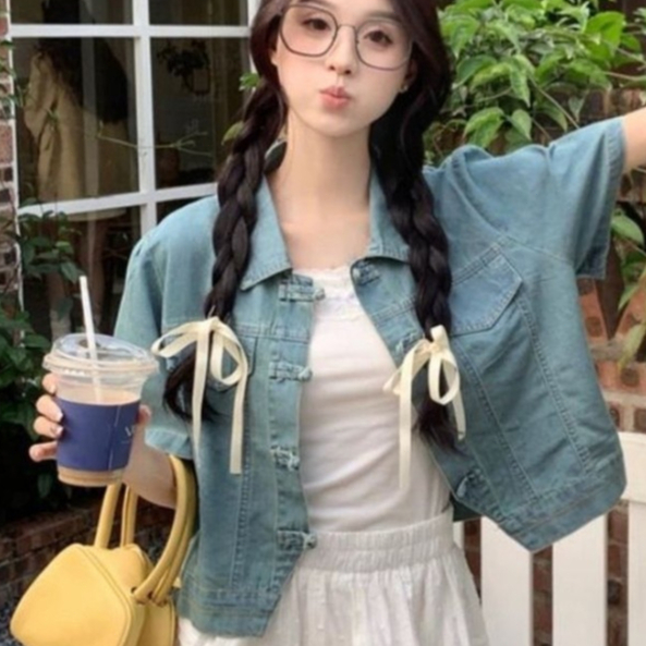 【xxavc825h0】ใหม่เสื้อแจ็คเก็ตยีนส์สไตล์จีนสำหรับผู้หญิงฤดูร้อนแขนสั้นอเนกประสงค์ย้อนยุคบางเฉียบ