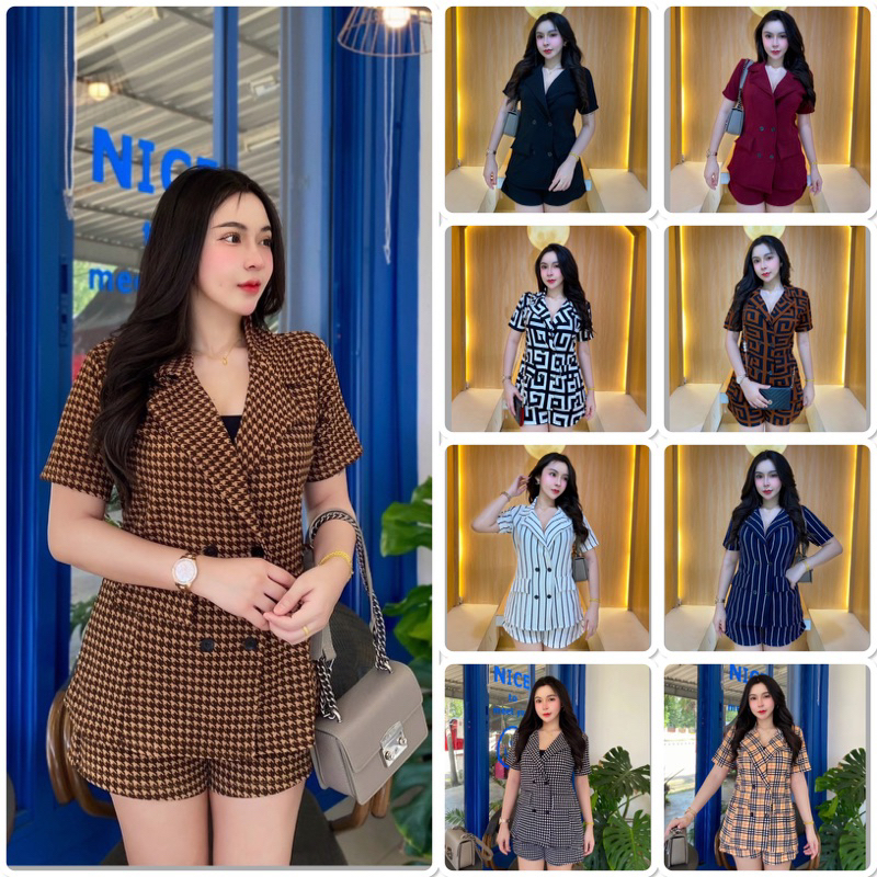 SS2_ชุดเซ็ตเสื้อสูท+กางเกงขาสั้น ผ้าวูลเวฟ ผ้ายืดใส่สบาย สาวอวบใส่ได้ ผู้หญิง Clothing Lady Women