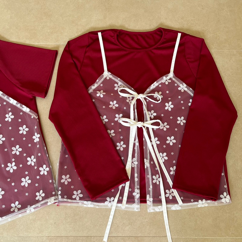 เสื้อเอี๊ยมสายเดี่ยว ผ้าลูกไม้ลายดอกไม้ อก 32-50 นิ้วใส่ได้
