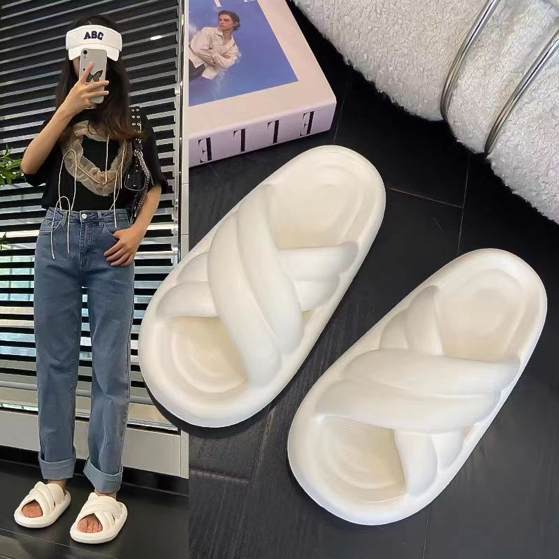 รองเท้าแตะลาย交叉⚡️สีขาว-เหลือง🌈 4cm×นุ่มเว่อร์! 懒人时尚ลดแรงสุด