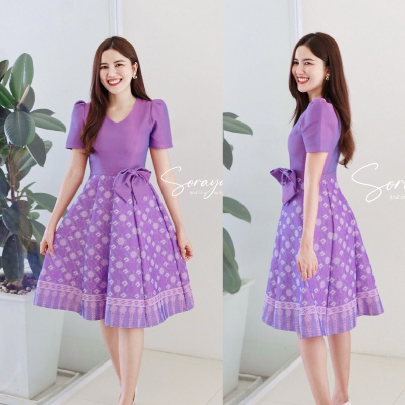 ย้วยม่วงไฮโซแต่งโบว์ที่เอวผ้าทอลายอัดกาวทั้งชุด s-4xl
