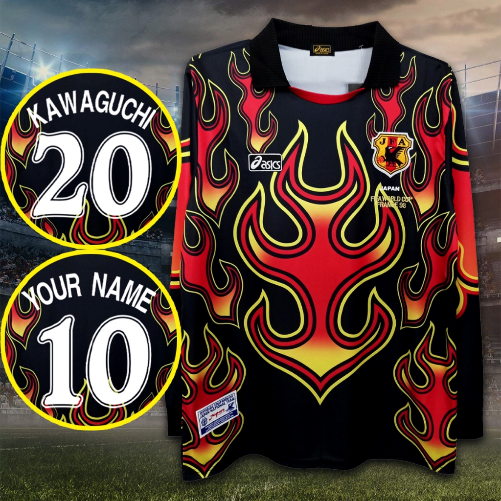 เสื้อฟุตบอลแขนยาวย้อนยุคทีมชาติ ญี่ปุ่น สีดำลายไฟ รุ่นฟุตบอลโลก1998 #RT0018 เกรดแฟนบอล รับทำชื่อเบอร์ ไซส์เอเชีย S-2XL